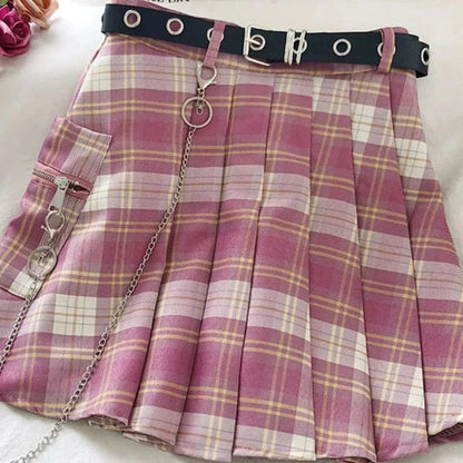 Kinky Cloth Pink / S Chain Pocket Plaid Mini Skirts