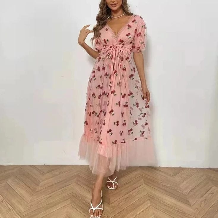 Kinky Cloth Pink / S Cherry Print Dress