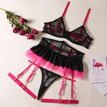 Kinky Cloth Black pink / S Contrast Color Lace Lingerie Set