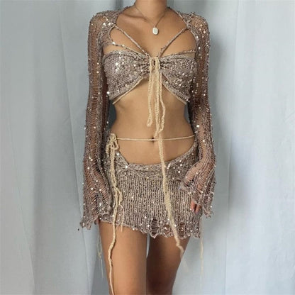 Kinky Cloth Khaki / S Crochet Knitted Sequins Matching Sets