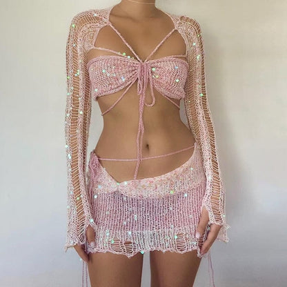 Kinky Cloth Crochet Knitted Sequins Matching Sets