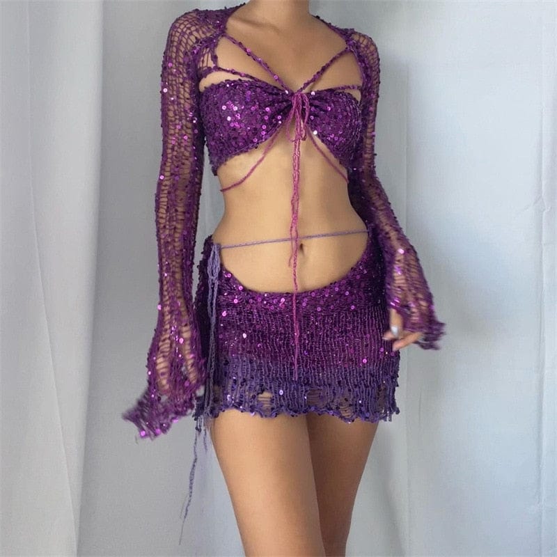 Kinky Cloth Purple / S Crochet Knitted Sequins Matching Sets