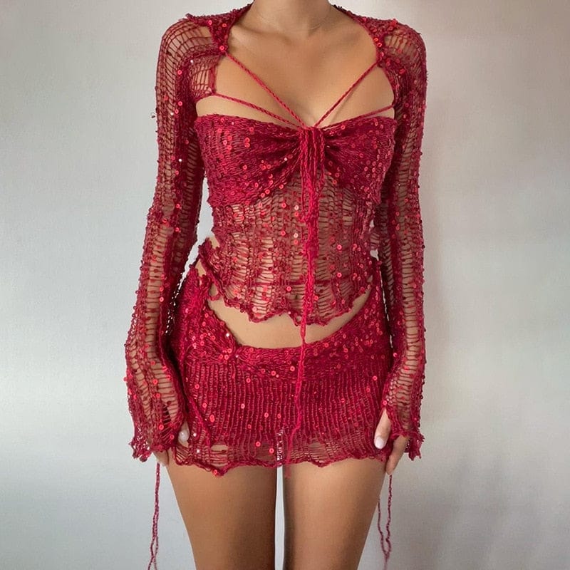 Kinky Cloth Red / S Crochet Knitted Sequins Matching Sets