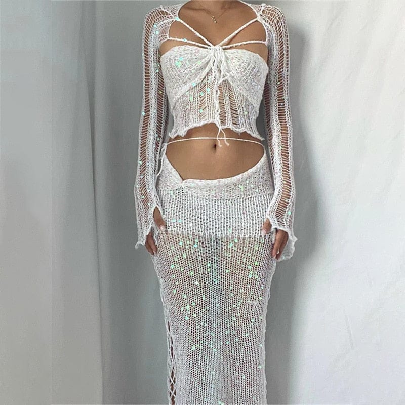 Kinky Cloth White top long skirt / S Crochet Knitted Sequins Matching Sets