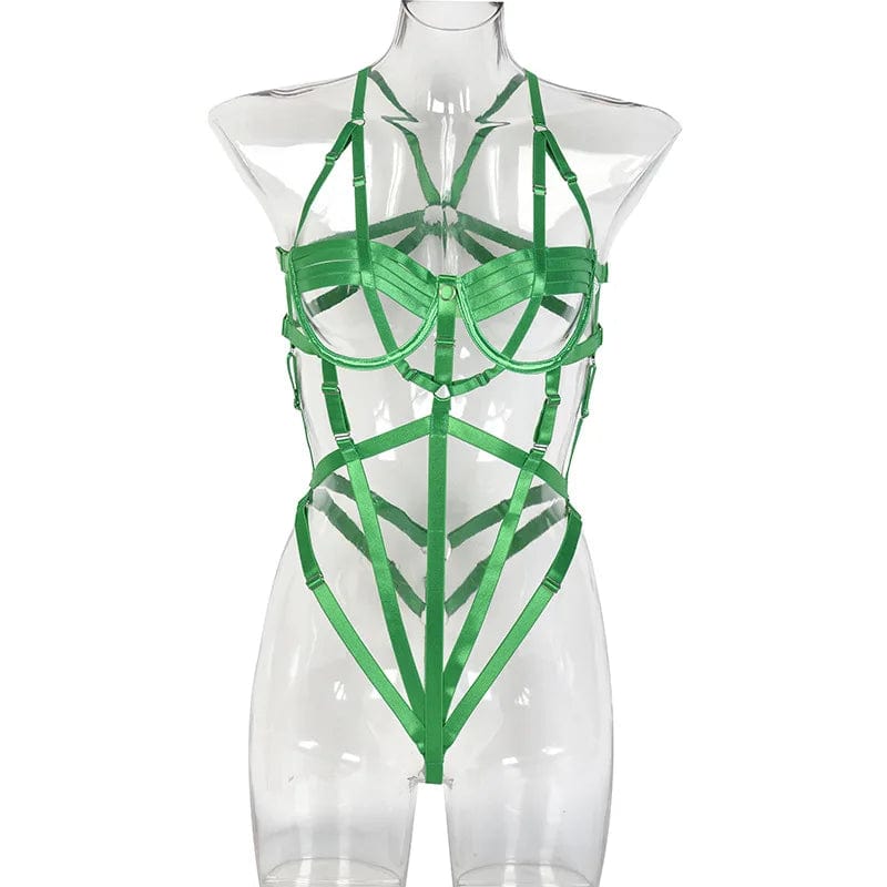 Kinky Cloth Green / S Cut Out Garter Bandage Bodysuit