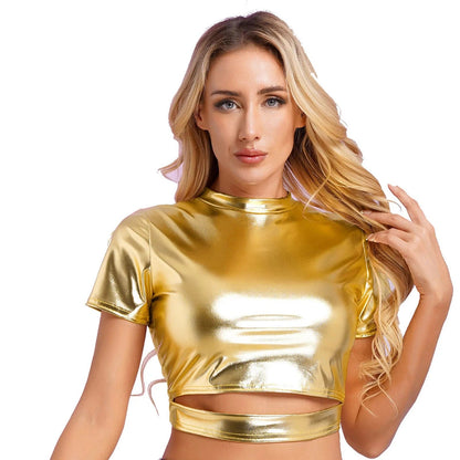 Kinky Cloth Gold / S Cut Out Metallic Shiny Crop Top