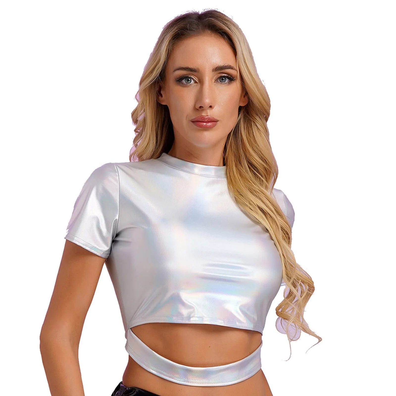 Kinky Cloth Holographic Silver / S Cut Out Metallic Shiny Crop Top