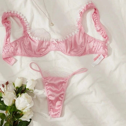 Kinky Cloth Pink / S / One Size Fine Satin Patchwork Lingerie Set
