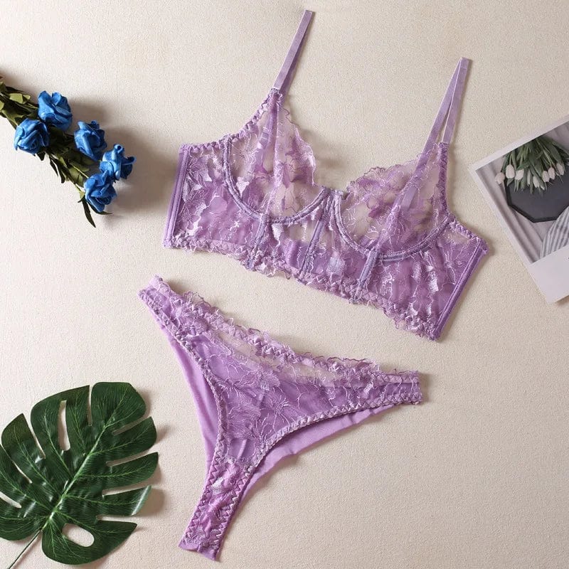 Kinky Cloth Light Purple / L Floral Embroidery Transparent Lingerie Set