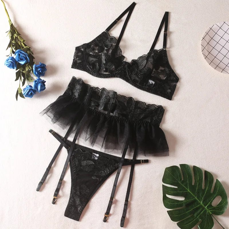 Kinky Cloth Black / S Floral Garter Lingerie Set