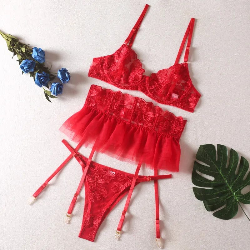 Kinky Cloth Red / S Floral Garter Lingerie Set