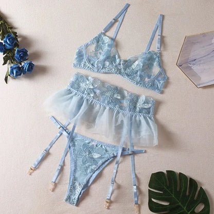 Kinky Cloth SKY BLUE / S Floral Garter Lingerie Set