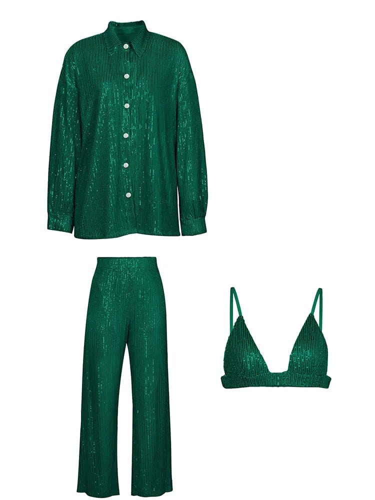 Kinky Cloth Green 3 PCS Sets / S Glitter Suit Pants 3 Piece Set