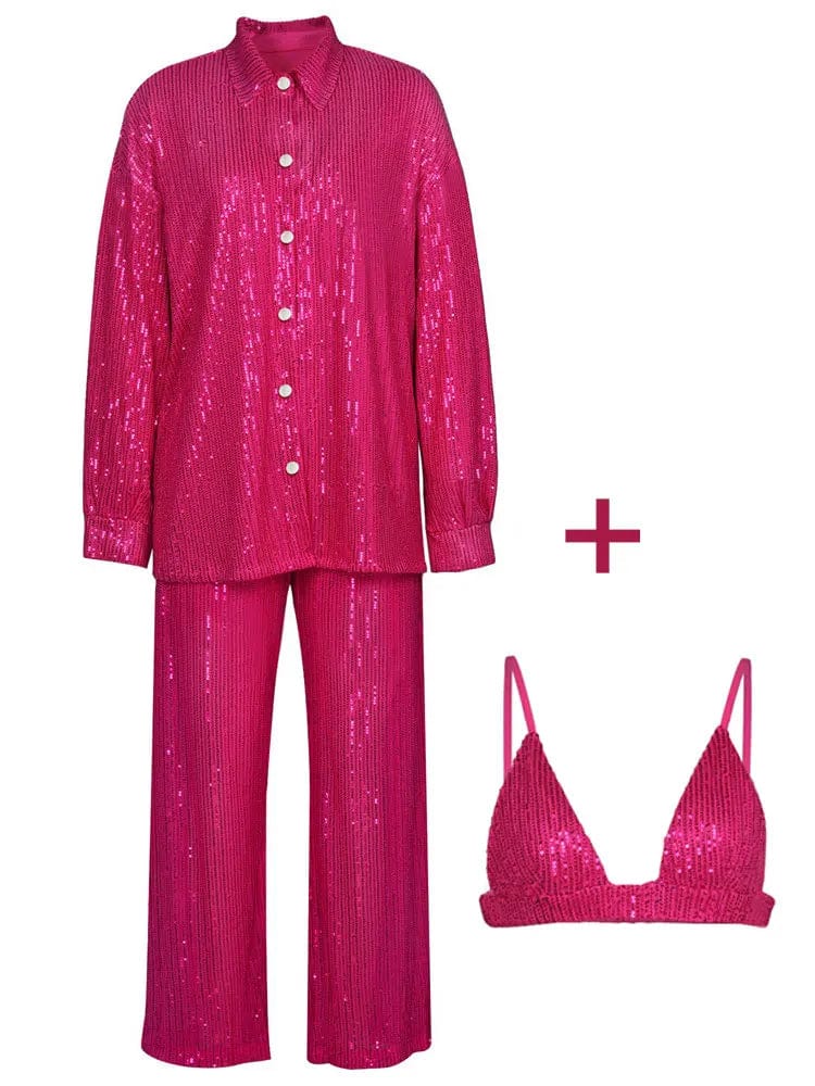 Kinky Cloth Rose Pink 3 PCS Sets / S Glitter Suit Pants 3 Piece Set