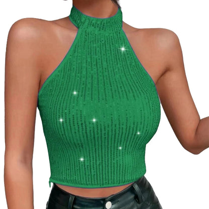 Kinky Cloth Green / S Glittery Sequins Halter Crop Top
