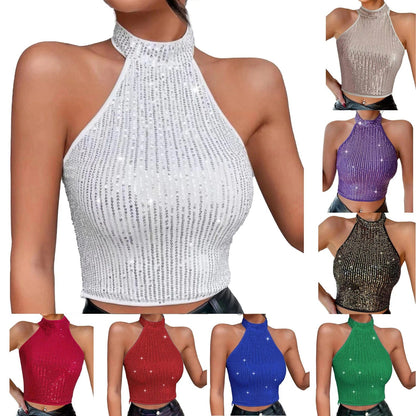 Kinky Cloth Glittery Sequins Halter Crop Top