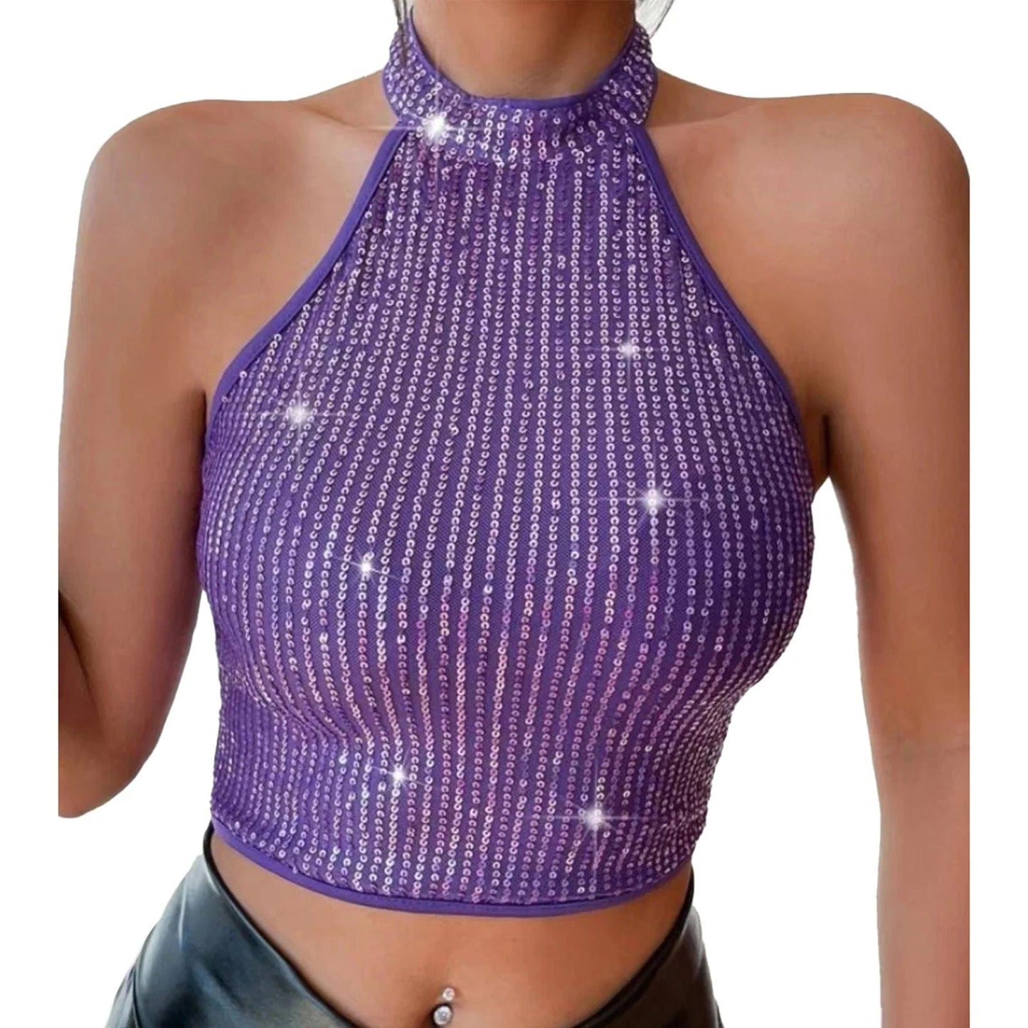 Kinky Cloth Purple / S Glittery Sequins Halter Crop Top