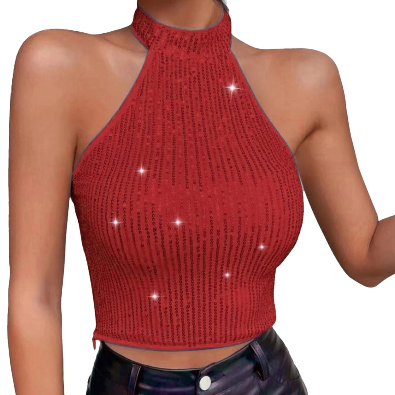 Kinky Cloth Red / S Glittery Sequins Halter Crop Top