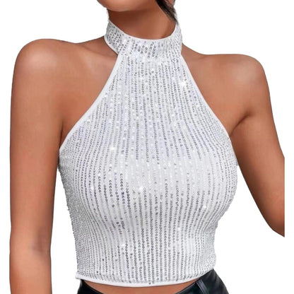 Kinky Cloth White / L Glittery Sequins Halter Crop Top