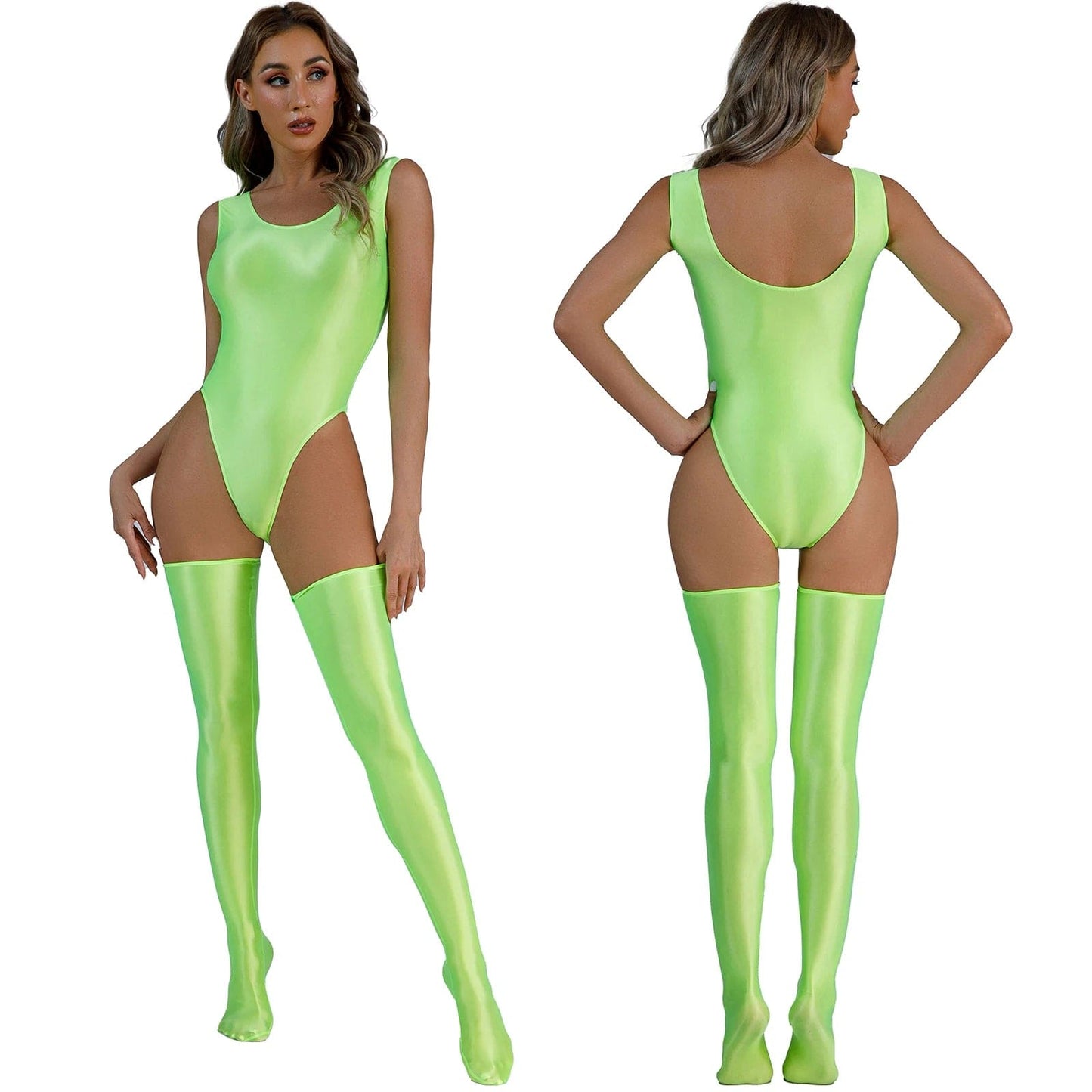 Kinky Cloth Fluorescent Green A / M Glossy Backless Bodysuit