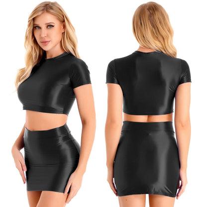 Kinky Cloth Black / M Glossy Crop Top & Skirt Set