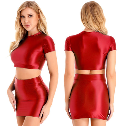 Kinky Cloth Burgundy / M Glossy Crop Top & Skirt Set