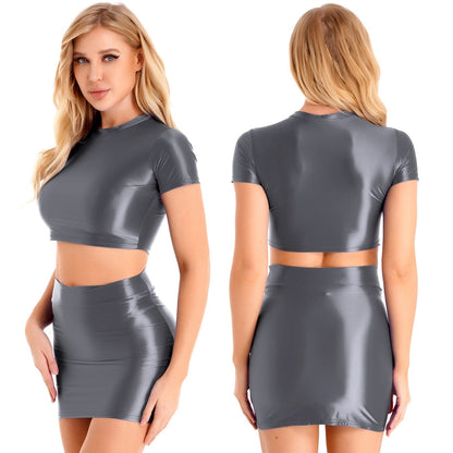 Kinky Cloth Dark Grey / M Glossy Crop Top & Skirt Set