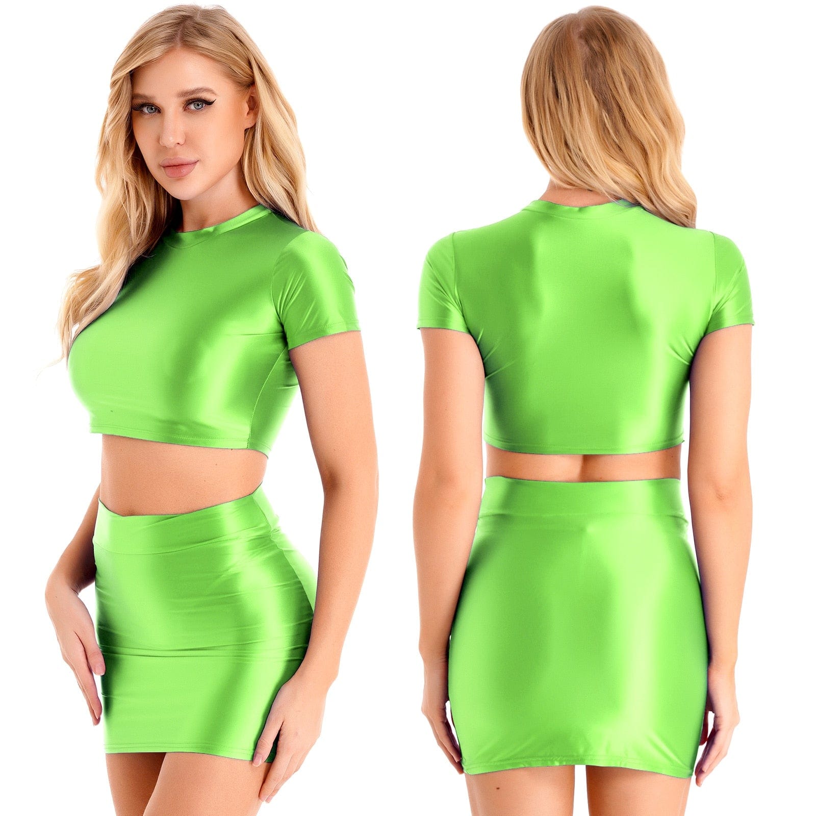 Kinky Cloth Fluorescent Green / M Glossy Crop Top & Skirt Set