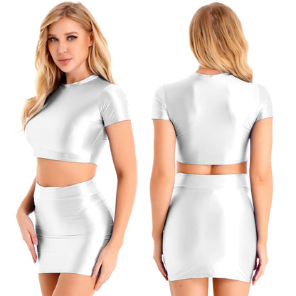 Kinky Cloth White / M Glossy Crop Top & Skirt Set