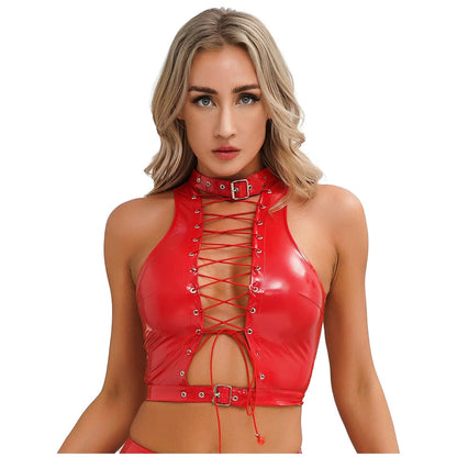 Kinky Cloth Red / S Glossy Lace Up Vest Top