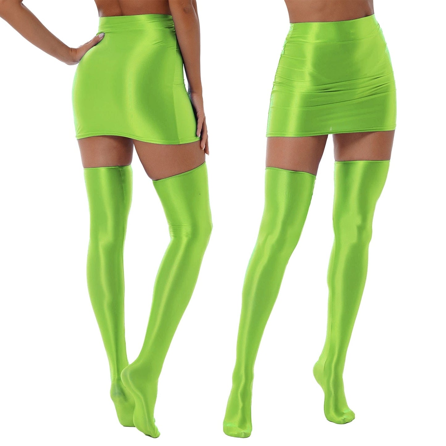 Kinky Cloth Fluorescent Green / M Glossy Solid Color Skirt With 1 Pair Stockings