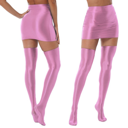 Kinky Cloth Pink / M Glossy Solid Color Skirt With 1 Pair Stockings