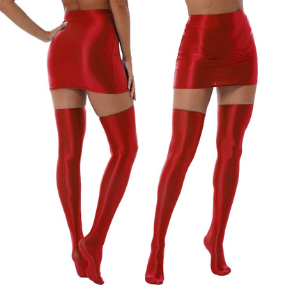 Kinky Cloth Red / M Glossy Solid Color Skirt With 1 Pair Stockings