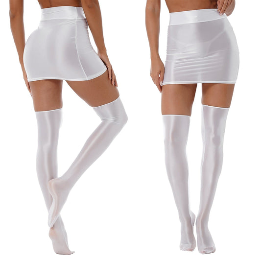 Kinky Cloth White / M Glossy Solid Color Skirt With 1 Pair Stockings
