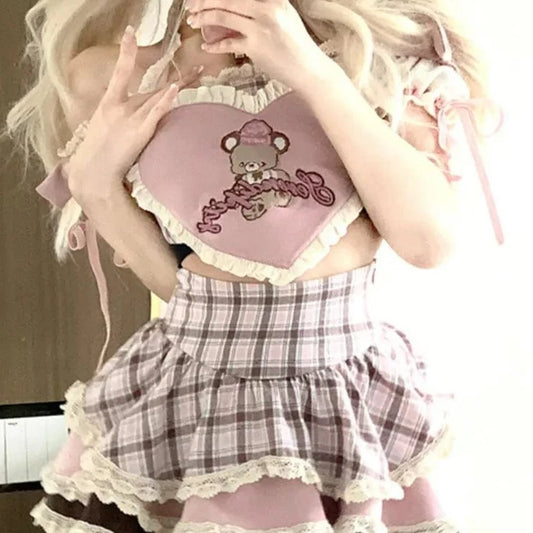 Kinky Cloth Heart-shaped Blouse＋Plaid Skirt