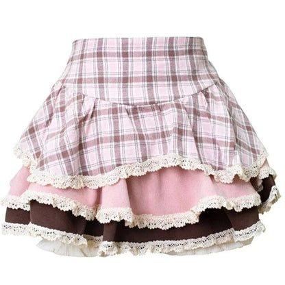 Kinky Cloth Heart-shaped Blouse＋Plaid Skirt