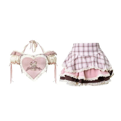 Kinky Cloth Pink / Size S(40-45Kg) Heart-shaped Blouse＋Plaid Skirt