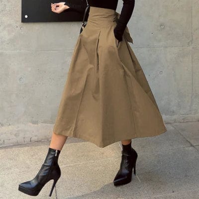 Kinky Cloth Khaki / S High Waist Bow Long Skirt