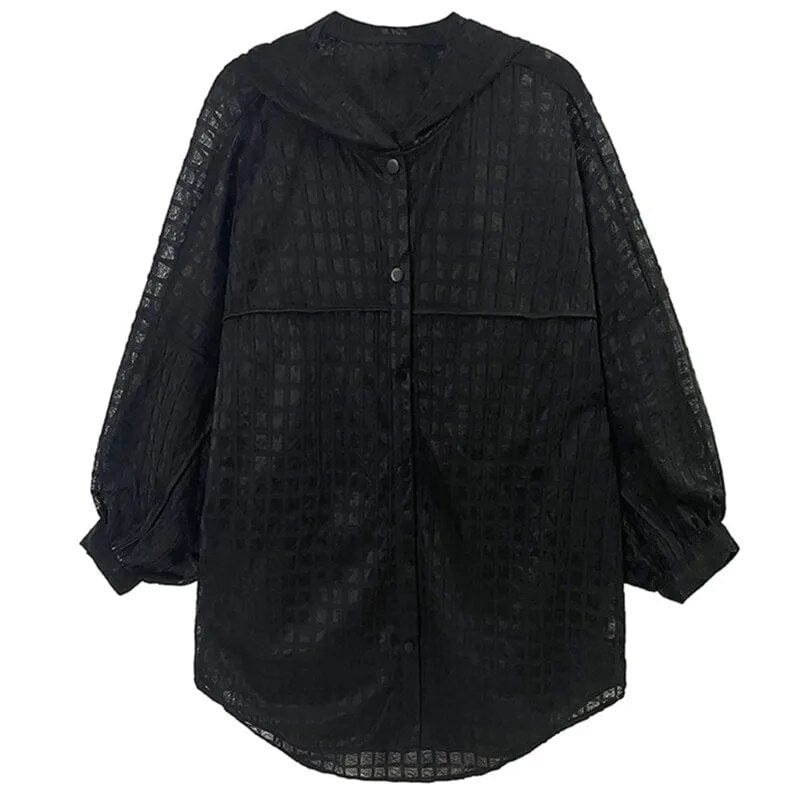 Kinky Cloth Black / One Size Hooded Plaid Sheer Blouse