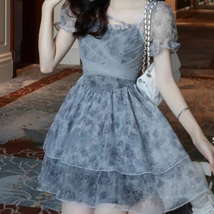 Kinky Cloth Gray / S Kawaii Puff Sleeve Mini Dress