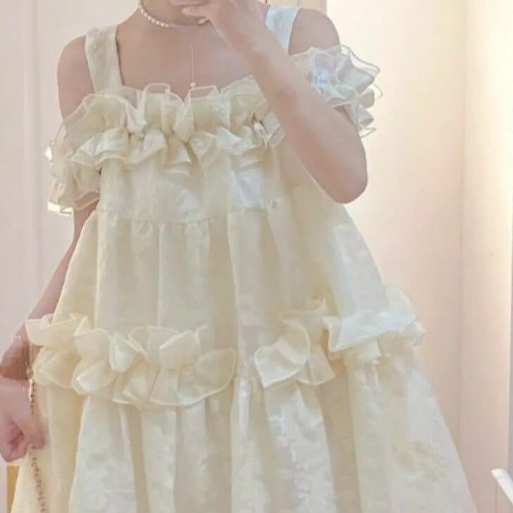Kinky Cloth Beige / S Kawaii Ruffled Bubble Slip Dress