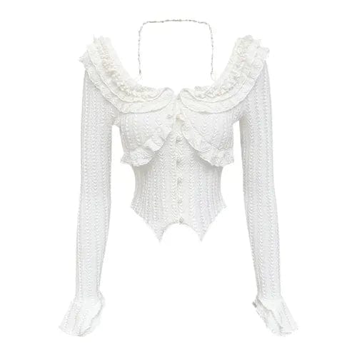 Kinky Cloth Beige / S Knitted Sweet Elegant Party Sexy Blouse Women Long Sleeve Korean Style Shirts Female White Casual France Vintage Tops Summer New
