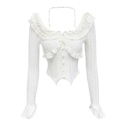 Kinky Cloth Beige / S Knitted Sweet Elegant Party Sexy Blouse Women Long Sleeve Korean Style Shirts Female White Casual France Vintage Tops Summer New