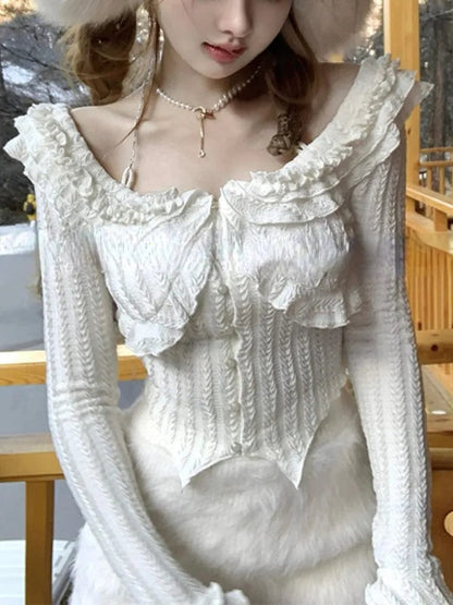Kinky Cloth Knitted Sweet Elegant Party Sexy Blouse Women Long Sleeve Korean Style Shirts Female White Casual France Vintage Tops Summer New