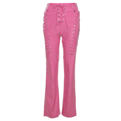 Kinky Cloth Pink / S Lace Up PU Leather Pants