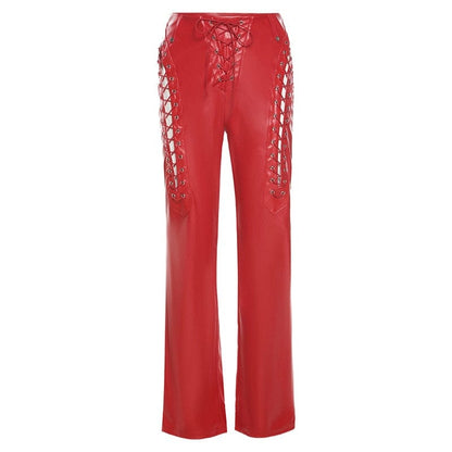 Kinky Cloth Red / S Lace Up PU Leather Pants