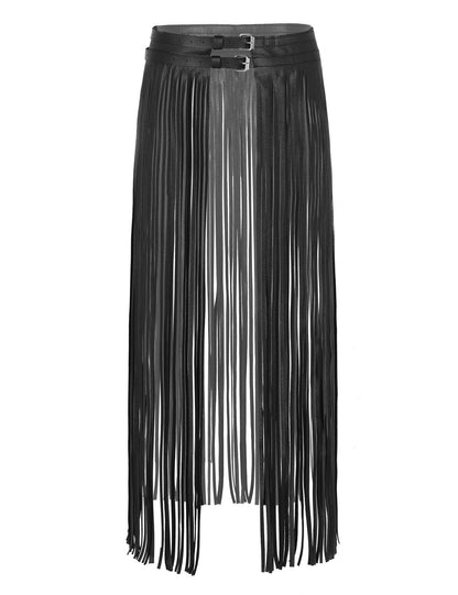 Kinky Cloth Black / One Size Leather Buckles Long Fringe Skirt