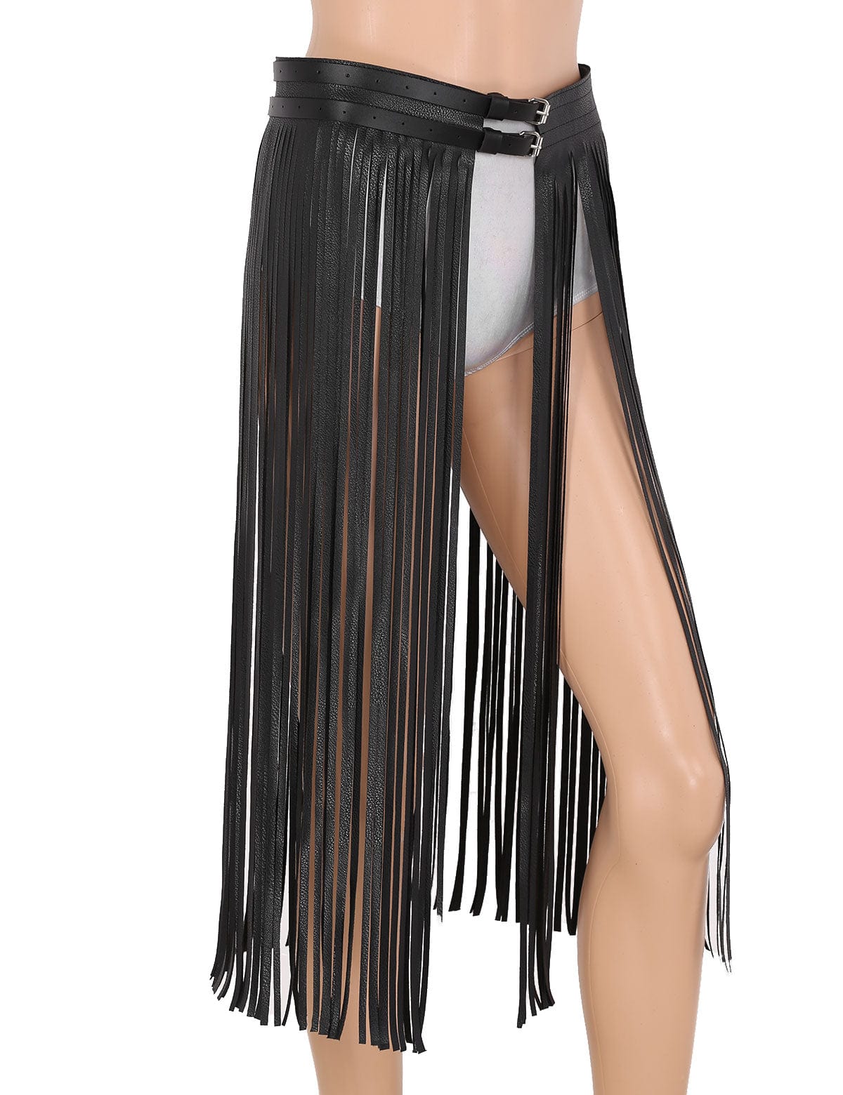 Kinky Cloth Leather Buckles Long Fringe Skirt
