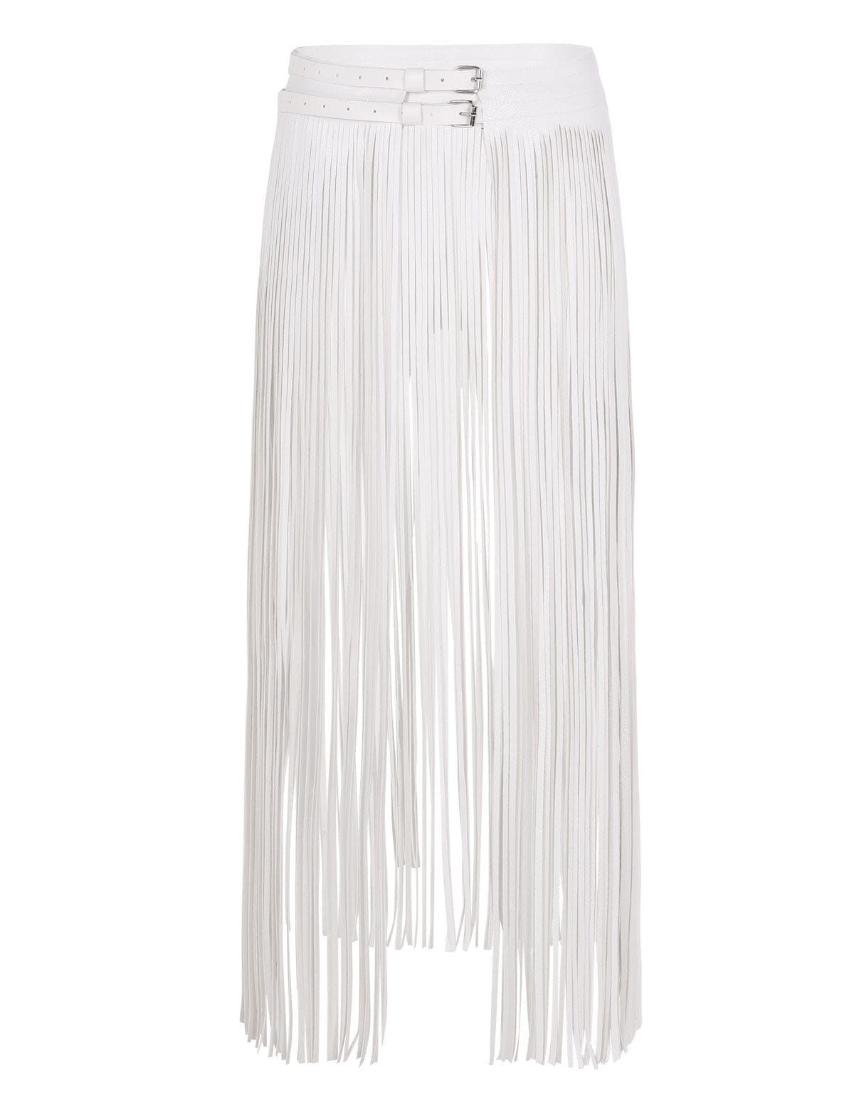 Kinky Cloth White / One Size Leather Buckles Long Fringe Skirt