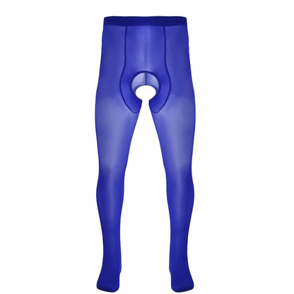 Kinky Cloth Royal Blue Men Ice Silk Bedtime Surprise Pantyhose Closed Toes Crotchless Stretchy Stockings Tights Hosiery Legging Pant Underwear